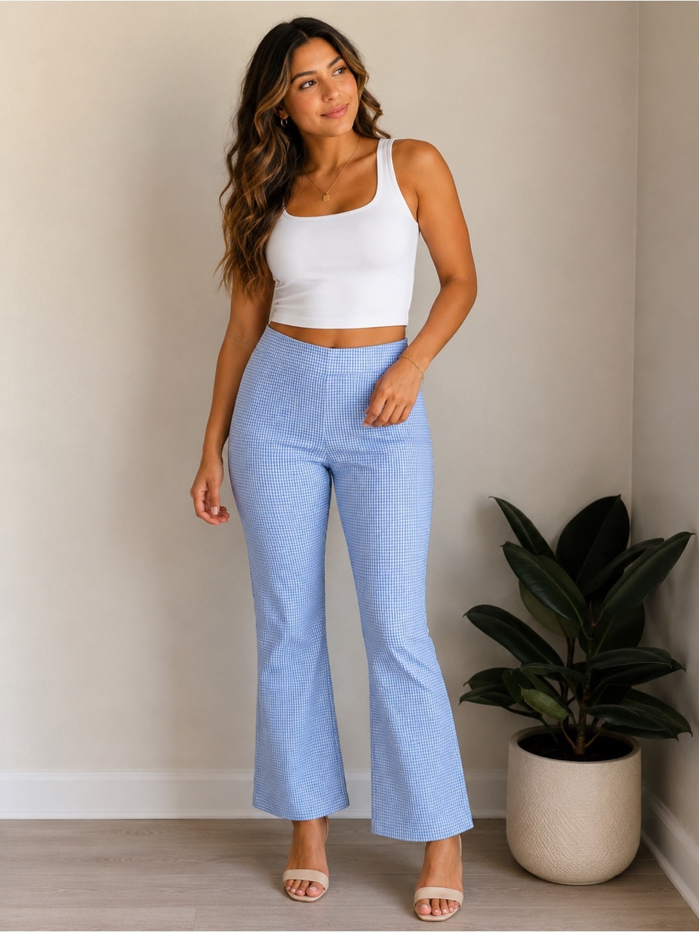 J. McLaughlin Blue Gingham Cropped Pants Size 8 Classic Stretch